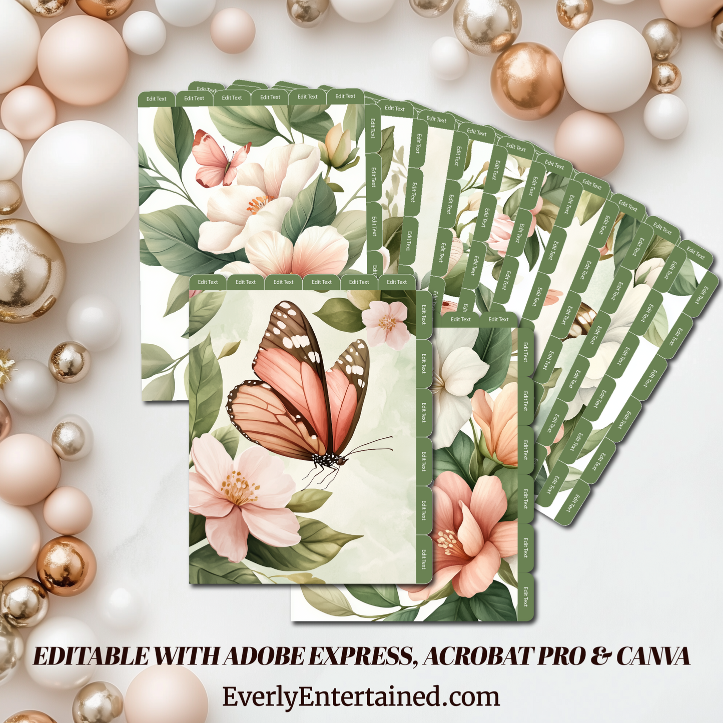 Pastel Petals 12 Tab Printable Planner Dividers – Editable in Adobe Express, Acrobat Pro & Canva